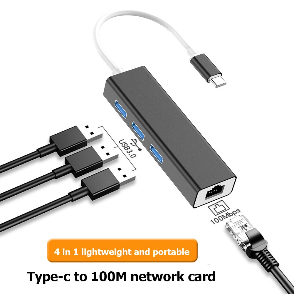 Usb-keskitin  rj45 10/100 mbps tyypin -c 3 portit ethernet-verkkokortti lan-sovitin keskitinmuunnin windows 7/8/10: lle mac os linux vista: Tyyppi-c d