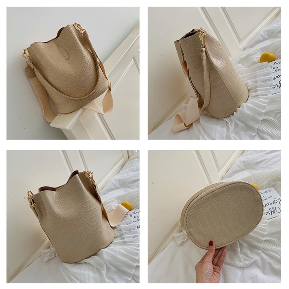 TTOU Frauen Eimer Tasche Große Kapazität Pu Leder Casual Schnalle Geldbörse Handtasche Schulter Crossbody Krokodil Retro Vintage Daypack