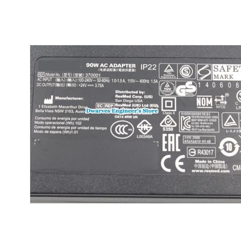 ResMed 370001 24V 3,75 A 90W AC ADAPTER IP22 Für ResMed LUFT GEFÜHL S10 10 AIR KURVE S10 LUFT GEFÜHL 1 370002 37015 R370-7232 DA90A24