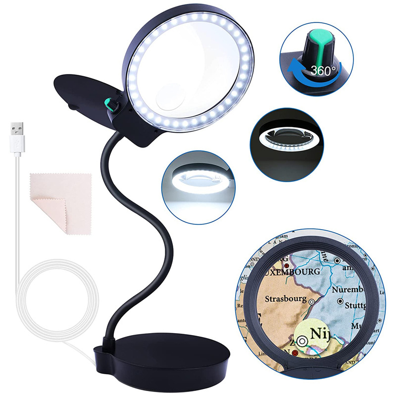 2 in 1 3X 10X Magnifying Lens Desk Lamp Adjustable Gooseneck Table and Desk Lamp USB Powered Magnifier Glass with 33 LED Lights