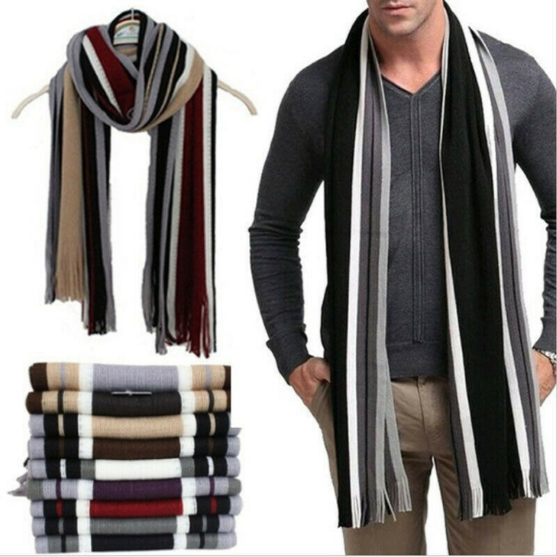 Bufandas clásicas a rayas para hombre, cálido con borla chal de Cachemira, bufanda suave encantadora, color negro, gris, café, rojo, Beige, 180cm, de invierno