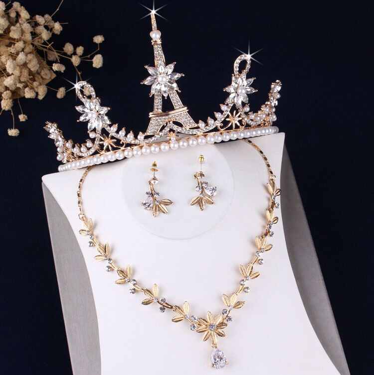 Pearl Crystal Wedding Bridal Sieraden Sets Vrouwen Gouden Bruid Tiara Kronen Prom Diadeem Earring Ketting Bruiloft Sieraden Accessoires