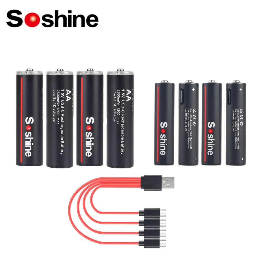 Soshine USB Lithium-Ionen 600 mWh 1,5 V AAA-Akkus + 2600 mWh 1,5 V AA-Akku Li-Ionen AA- und AAA-Akkus