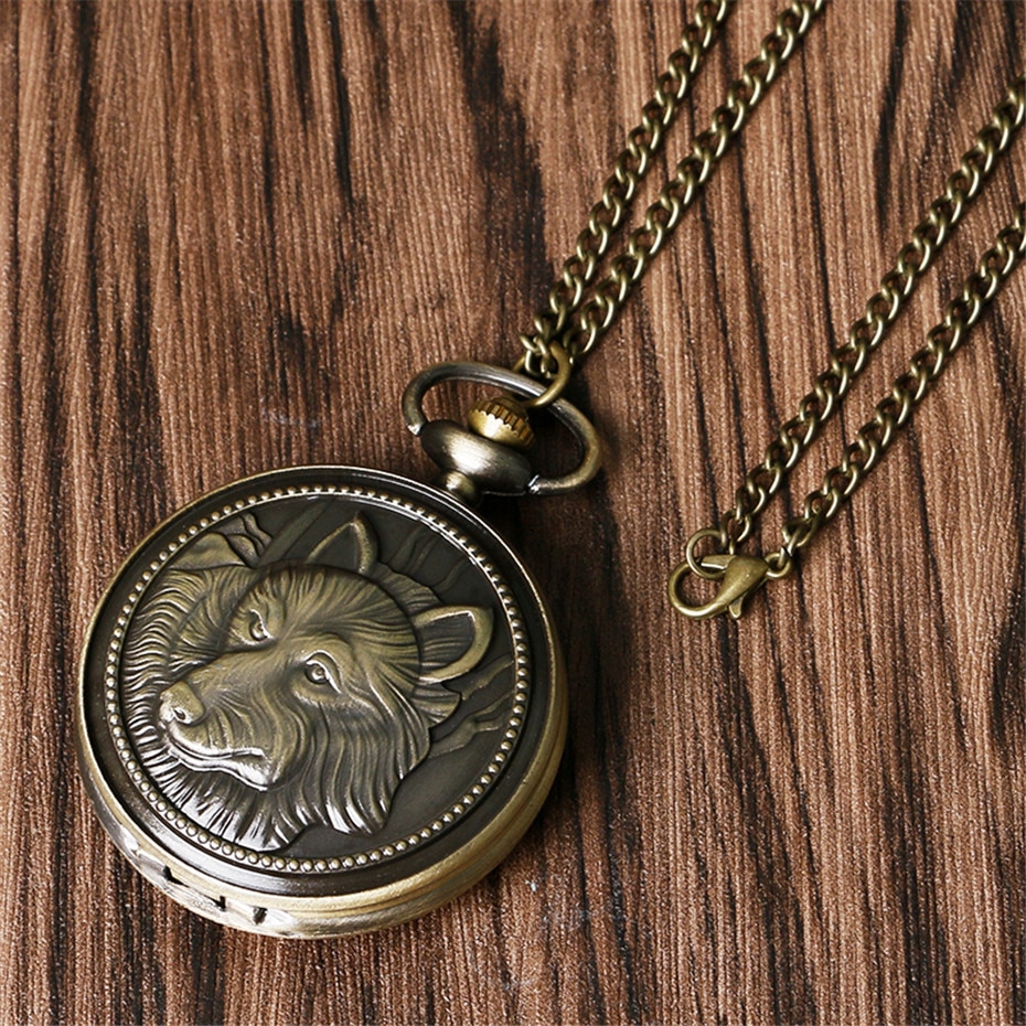 Steampunk wolvenkop quartz zakhorloge vintage brons coole kettinghorloges voor mannen en vrouwen met ketting