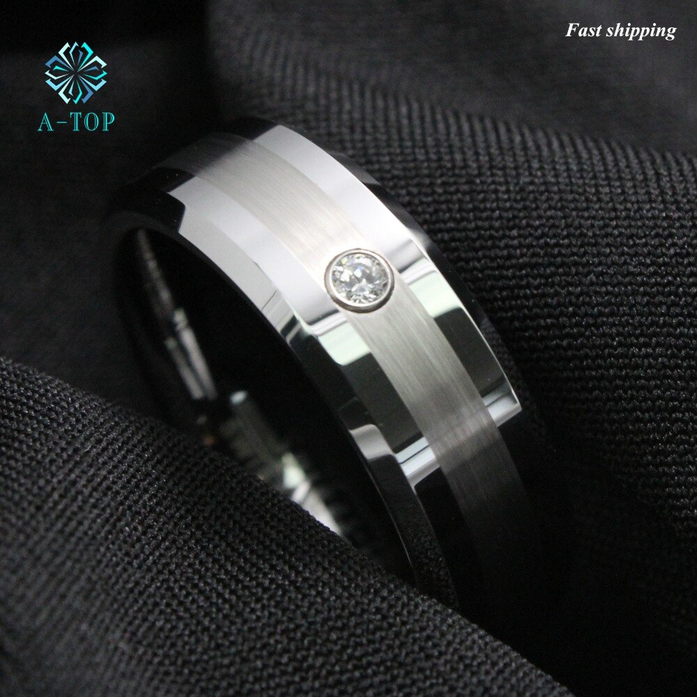 Men's Tungsten Carbide brushed ring luxury CZ Inlay comfort fit Wedding Band Ring
