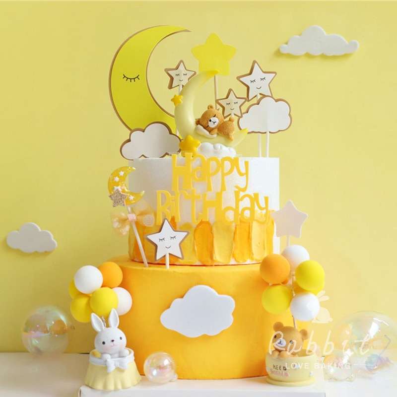 ins Rosa luna Orso stella Decorazione Coniglio Felice Torta Di Compleanno Toppers per I Bambini Del bambino Del Partito di Cottura Forniture di Nozze Carino Regali