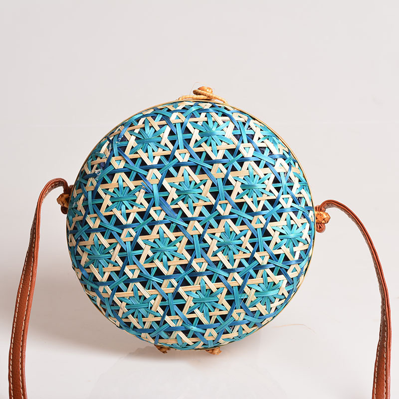 Sac rond en paille de bambou pour femmes, sacoche à bandoulière fait main bohème, sac de plage d'été creux initié, boîte Asus tissée en rotin: Bleu
