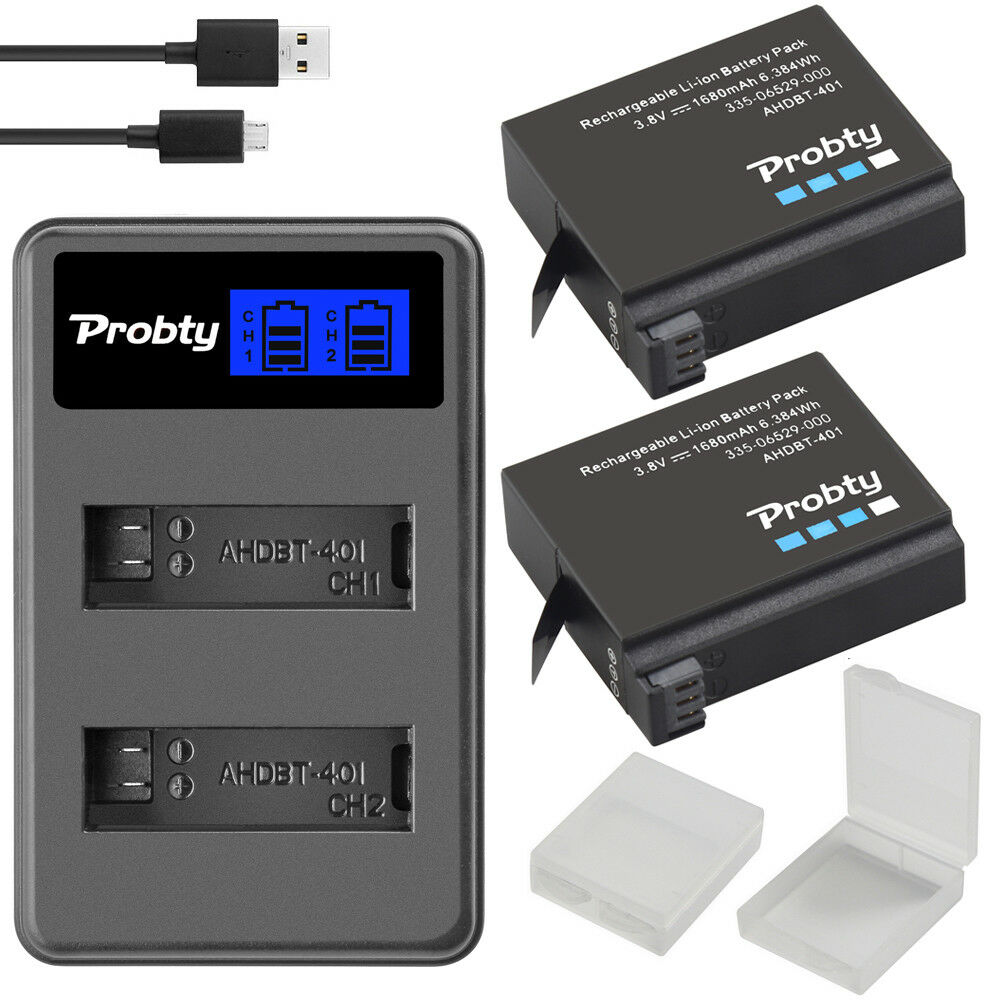 Probty-batería Original para GoPro Hero4 Hero 4 + cargador dual LCD para go pro AHDBT-401 HERO4, Cámara de Acción accesorio para, color negro y plateado
