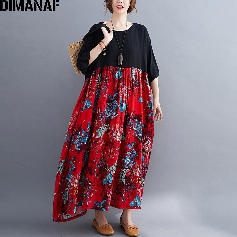 DIMANAF Plus Size Women Dress Print Floral Cotton Sundress Lady Vestidos Spliced Black Loose Casual Maxi Dress 5XL 6XL Clothing