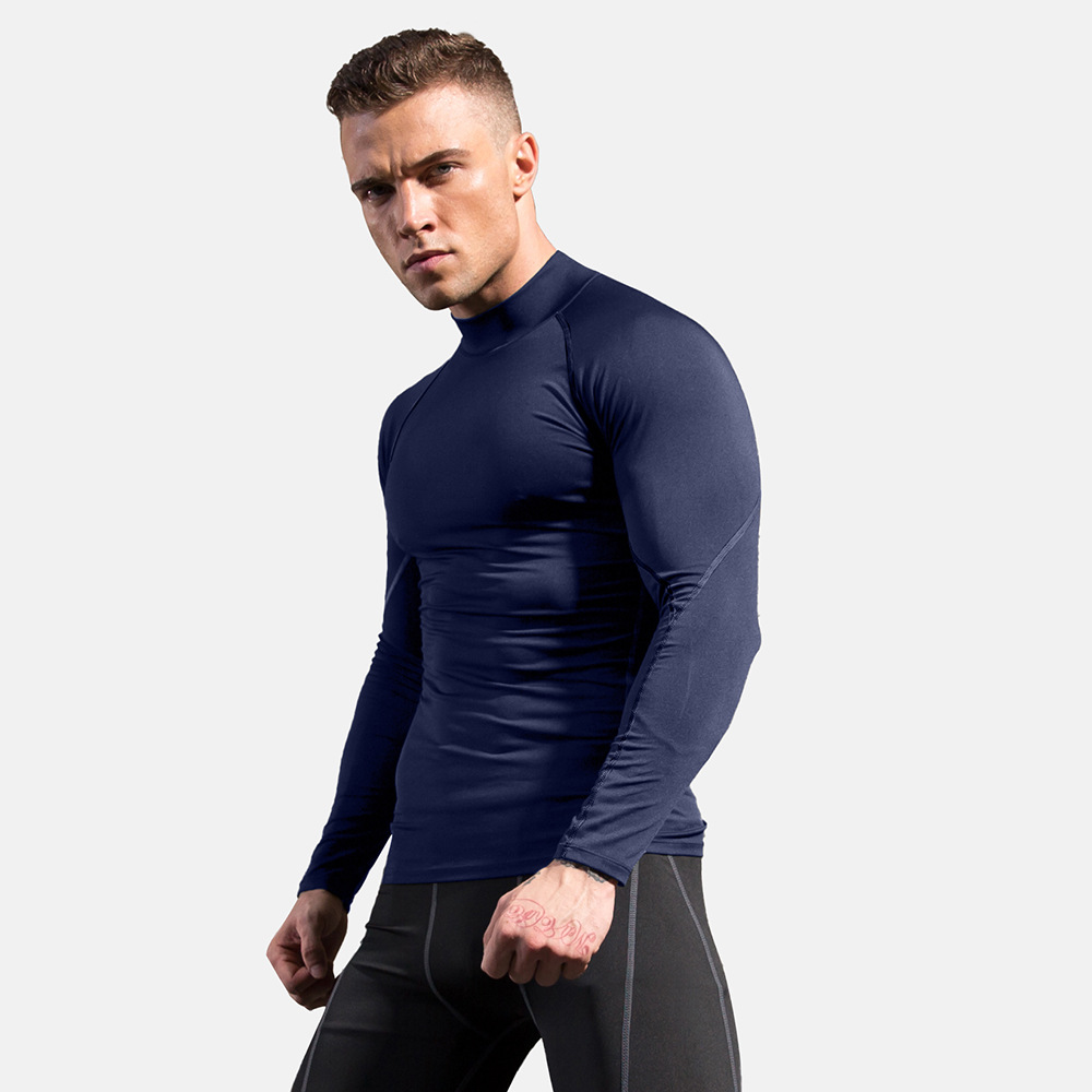 Herren-Kompressionshemden mit Stehkragen und langen Ärmeln, kühl, trocknend, Sonnenschutz, Sport-Strumpfhosen, Unterhemden, Lauf- und Fitnessstudio-Spitzen: S / Marineblau