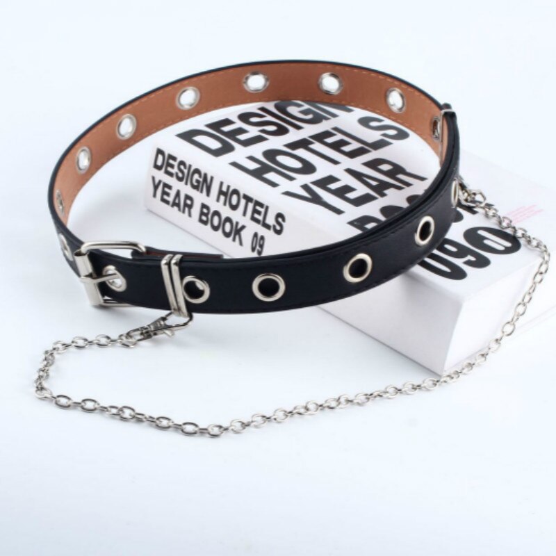 Cinturones de cadena Punk para mujer, banda para vaqueros con ojales con doble fila ajustable, cinturones decorativos: SingleBlack