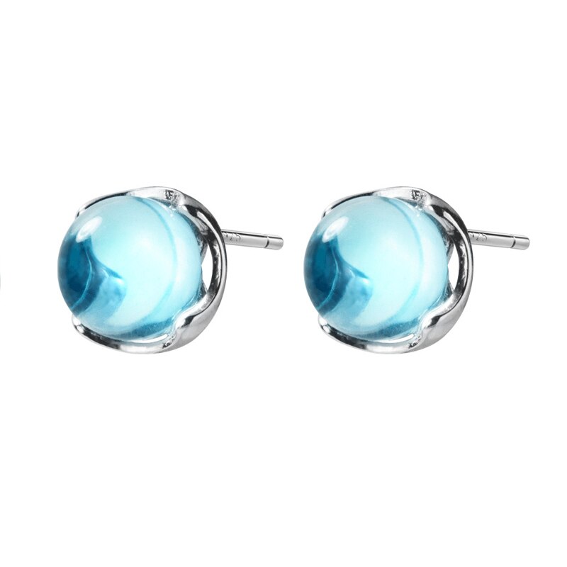 MloveAcc Real 100% 925 Sterling Silver Stud Earrings for Women Blue Crystal Bubble Ear Stud: A