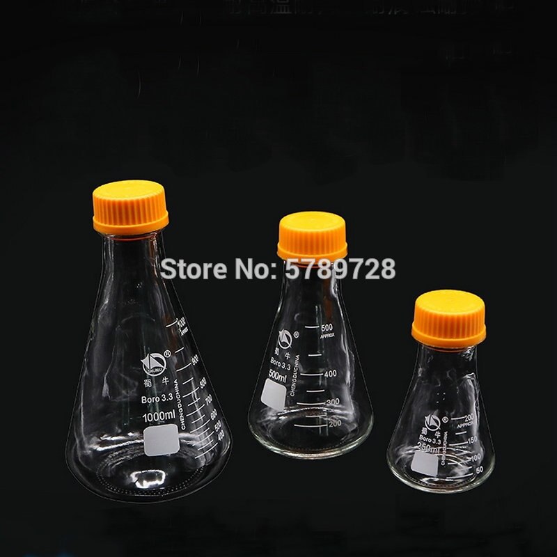 1pcs Borosilicate glass conical flask with yellow spiral lid capacity 250/500/1000/2000ml Laboratory glass container