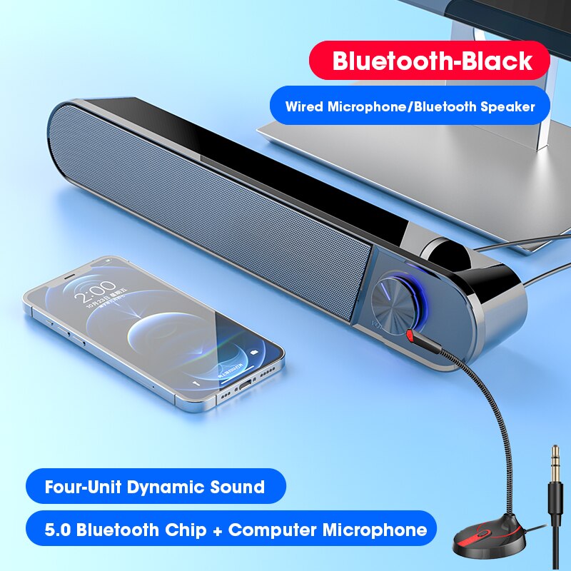 Bluetooth Computer Speaker Bar Wireless Speakers Mic Microphone HiFi Stereo Subwoofer Wired For Laptop PC Aux 3.5mm Loudspeaker: Bluetooth Black-Mic