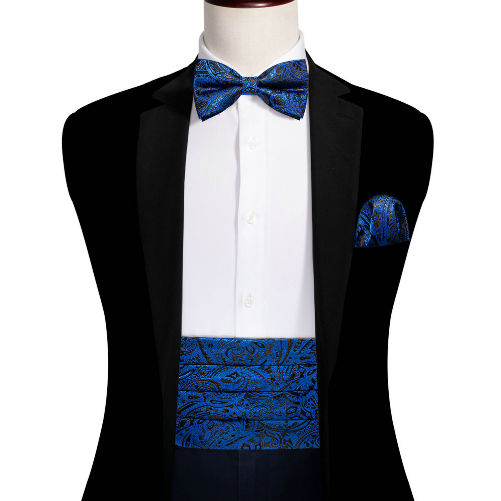 Navy Blue Cummerbund Men Silk Bowtie Pocket Square Cufflinks Sets Classic Paisley Male Accessories Wedding Party Barry.Wang 1031: WHITE