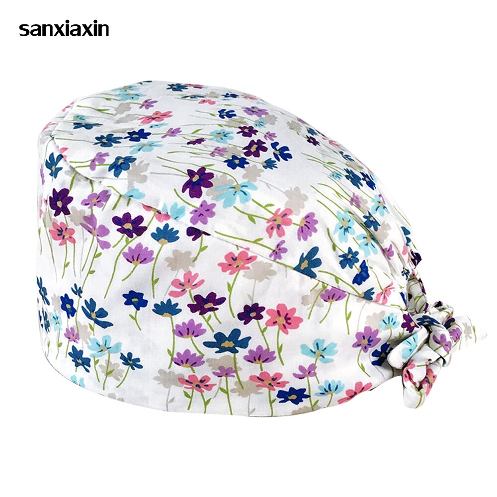 Cartoon print adjustable breathable scrubs hats pet shop cute work cap beauty salon nursing cap hospital working surgical caps