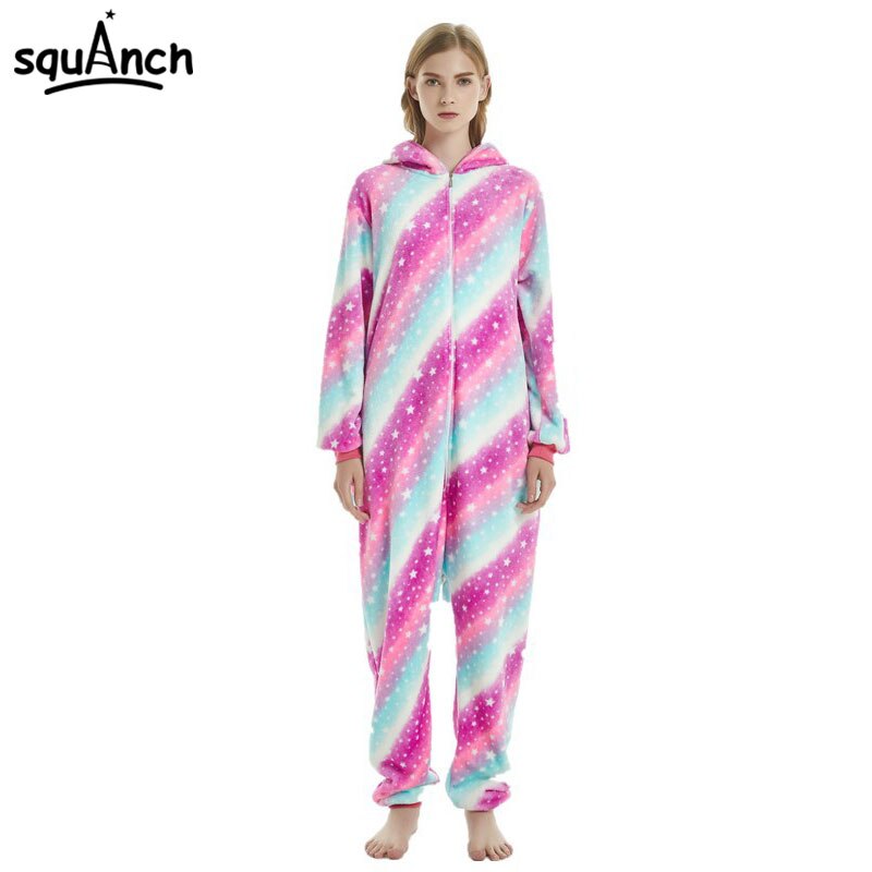 Unicorn Onesie Stripe Colorful Pajama Animal Cartoon Kugurumi Women Adult Overall Zipper Hooded Winter Warm Outfit Sleep Suit