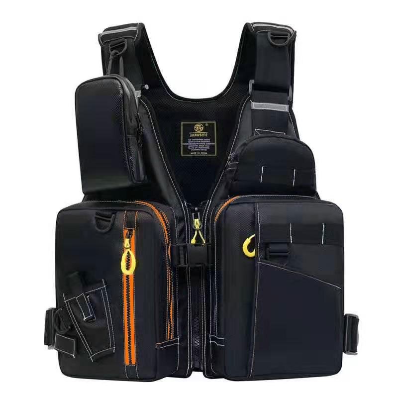 Outdoor Sport Fishing Vest Men Sea Fishing Large Buoyancy Life Vest Adult Removable Foam Multi-pocket Life Waistcoat: Black Orange