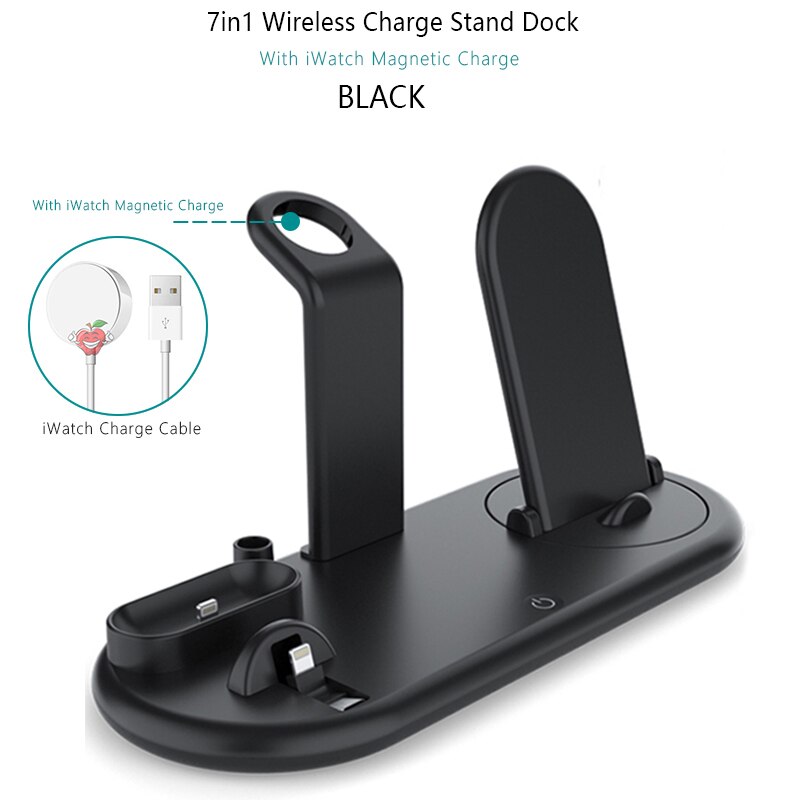 7 in 1 QI kabellos Ladegerät aufladen Dock Bahnhof Pro Apfel Airpods Android Uhr aufladen Pro IPhone 11 Profi Xiaomi Telefon Halter: schwarz und Watch