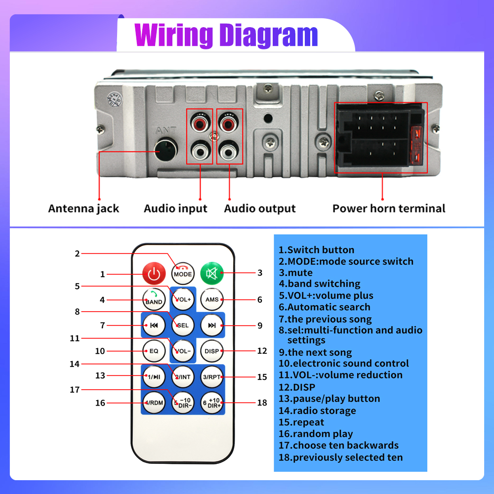 Reproductor MP3 de Radio para coche, sintonizador FM, estéreo, USB, Audio para coche, estéreo, SD, TF, USB, reproductor Multimedia, Autoradio, Control remoto, Bluetooth, 1 din