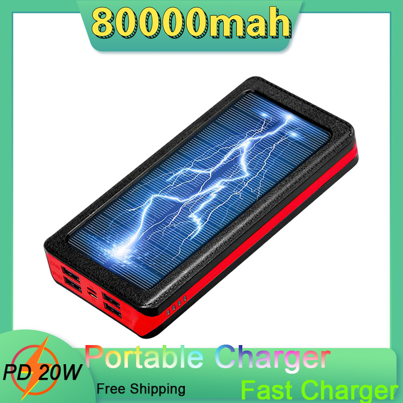 80000Mah Solar Power Bank Draagbare Oplader Snel Opladen Externe Batterij 4USB Poort Powerbank Voor Xiaomi Iphone Samsung