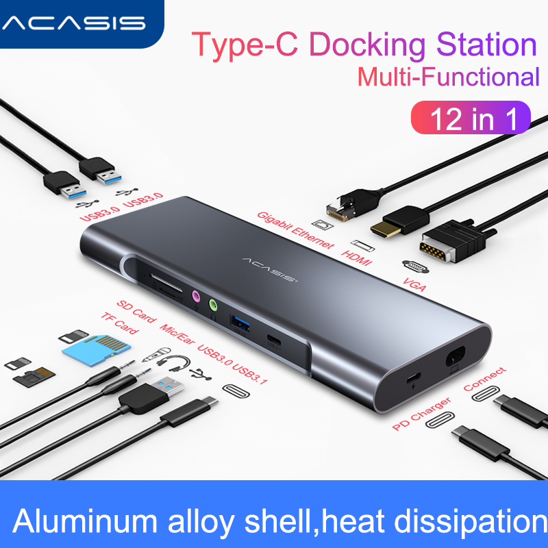 Acasis USB C HUB Type C to HDMI-compatible USB 3.0 Adapter 12 in 1 Type C HUB Dock for MacBook Pro Air USB C Splitter