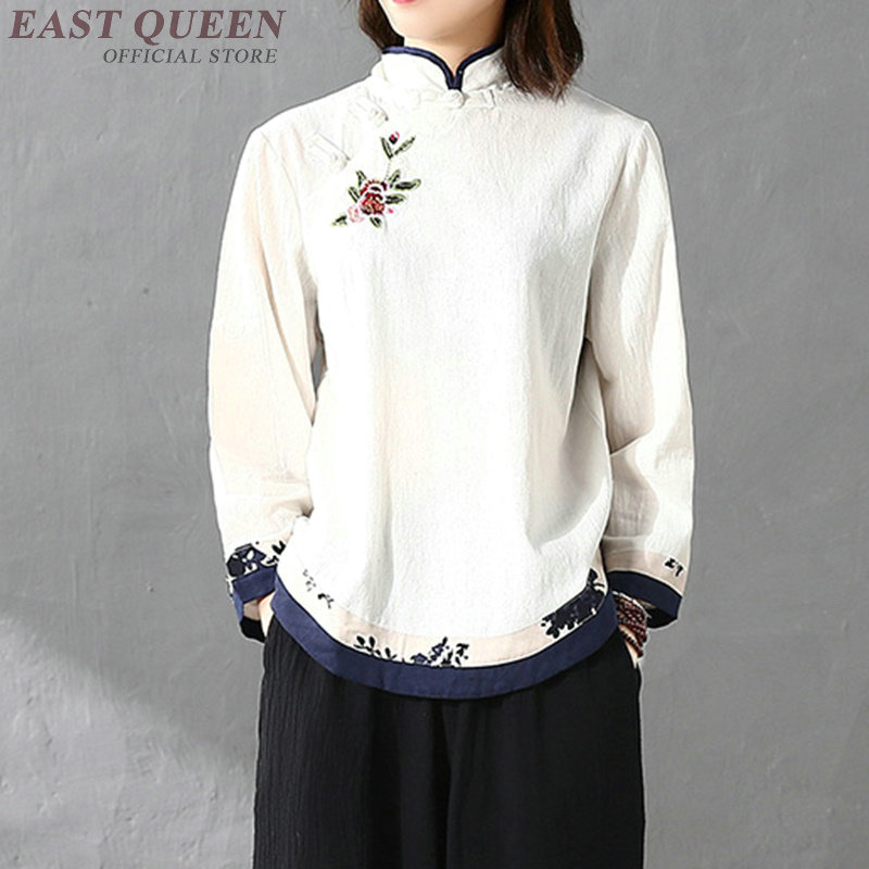 Blusa tradicional china para mujer, blusa de lino oriental con cuello mandarín, blusa de camisa para mujer, top cheongsam para invierno AA4148