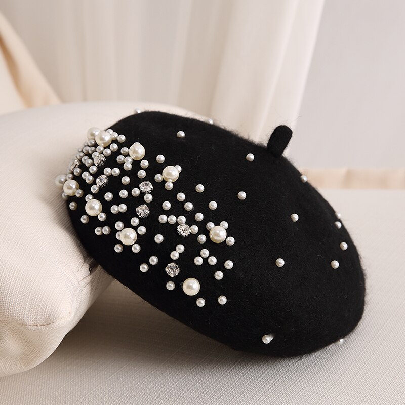 neue Winter warm Französisch Perle Strass Baskenmütze Hütte Elegante Mütze Kappen Einfarbig lässig Herbst Hütte für Frauen mädchen