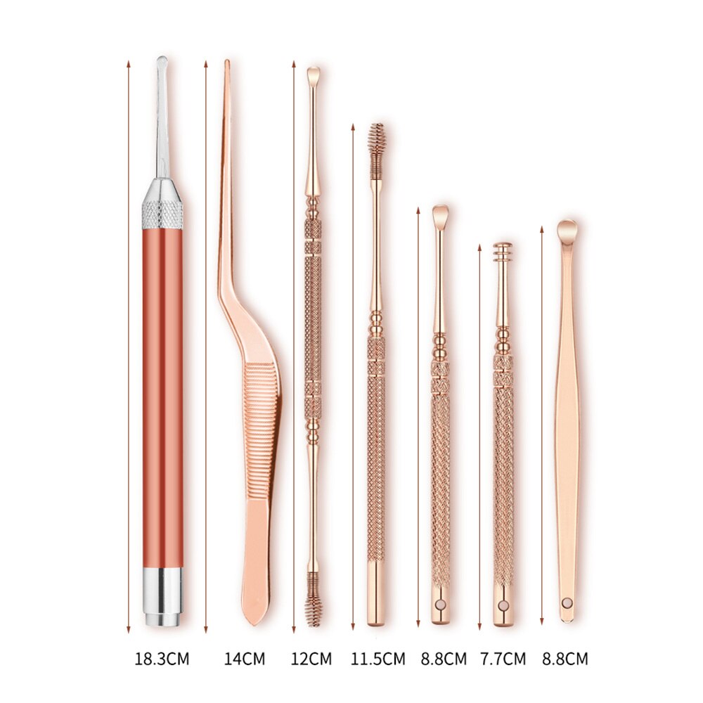 7Pcs/Set Ear Wax Removal Tools Ear Pick Stainless Steel Earpicks Cleaning Tools For Baby & Adults LED Flashlight Health Care