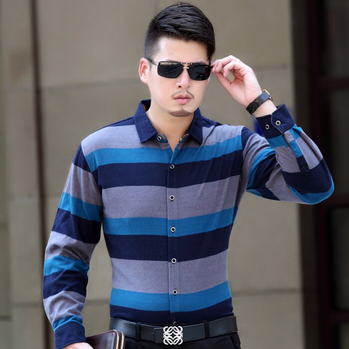 Heren overhemd met brede strepen, casual en zakelijk, lange mouwen, brede strepen, geverfd slim fit katoenen overhemd voor heren