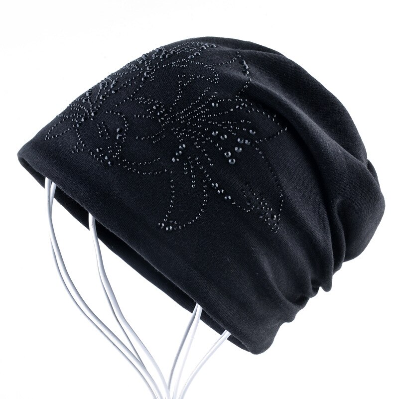 Female Beanie Bonnet Autumn And Winter Caps Hip-hop Cap Flower Rhinestone Hats For Women Beanies: black