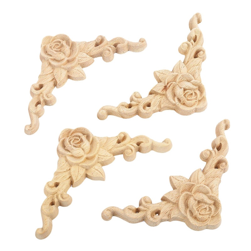 Aplique de esquina tallado en madera, 8x8cm, para puerta de armario, rosa sin pintar, estilo europeo, 4 Uds.