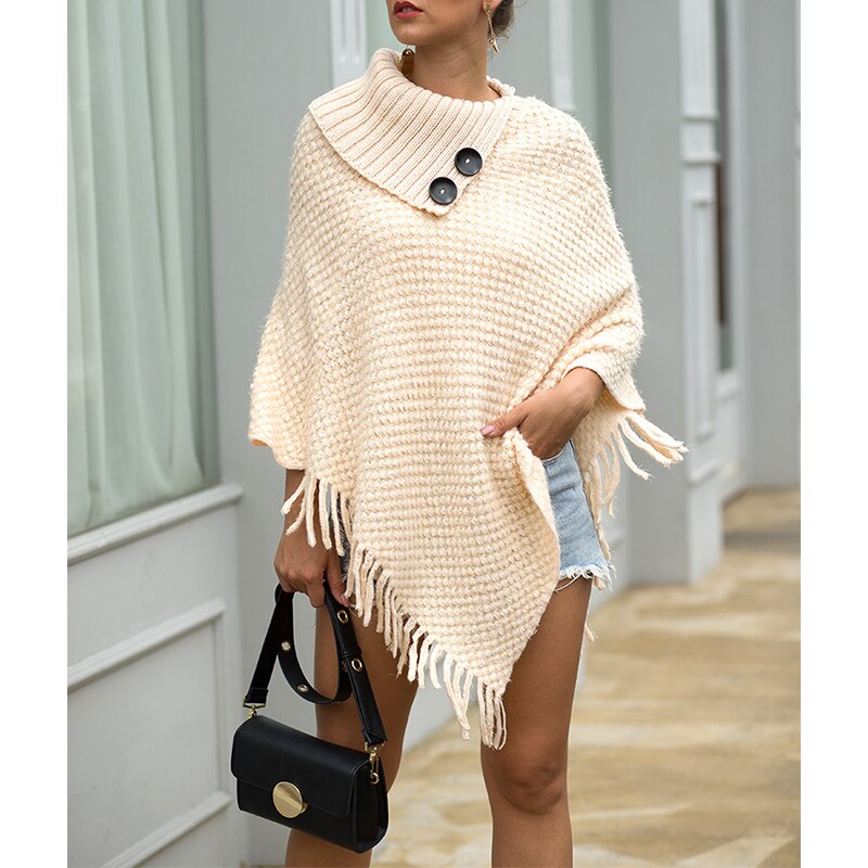 Winter Gebreide Poncho Capes Kwasten Effen Sjaal Trui Poncho Jas Onregelmatige Lange Mouwen Vrouwelijke Capes