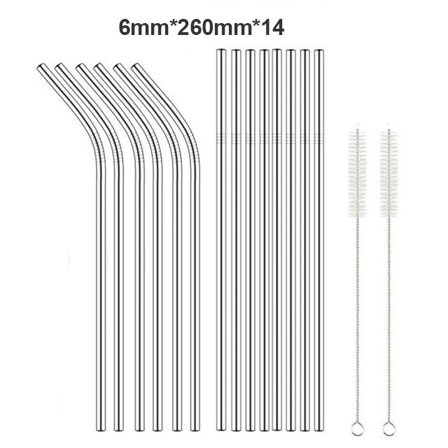 Paille métallique réutilisable 260x6mm, en acier inoxydable 304 de avec brosse de nettoyage pour tasses 20/30oz,: UL-14pc-2Brush