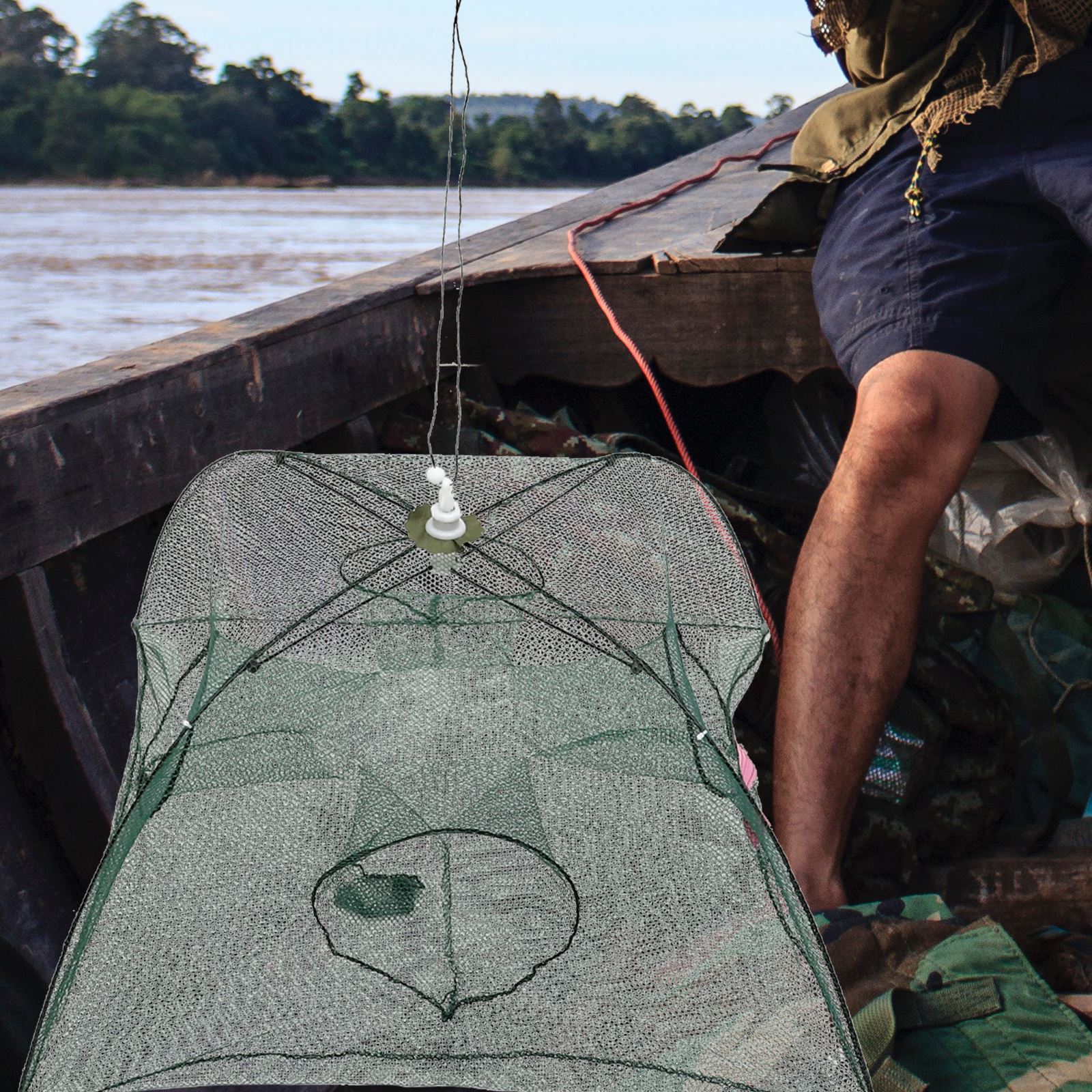 Trampa plegable para cangrejos, jaula de inmersión fundida, red de pesca para peces, pececillos, gambas, de paraguas (4 agujeros)