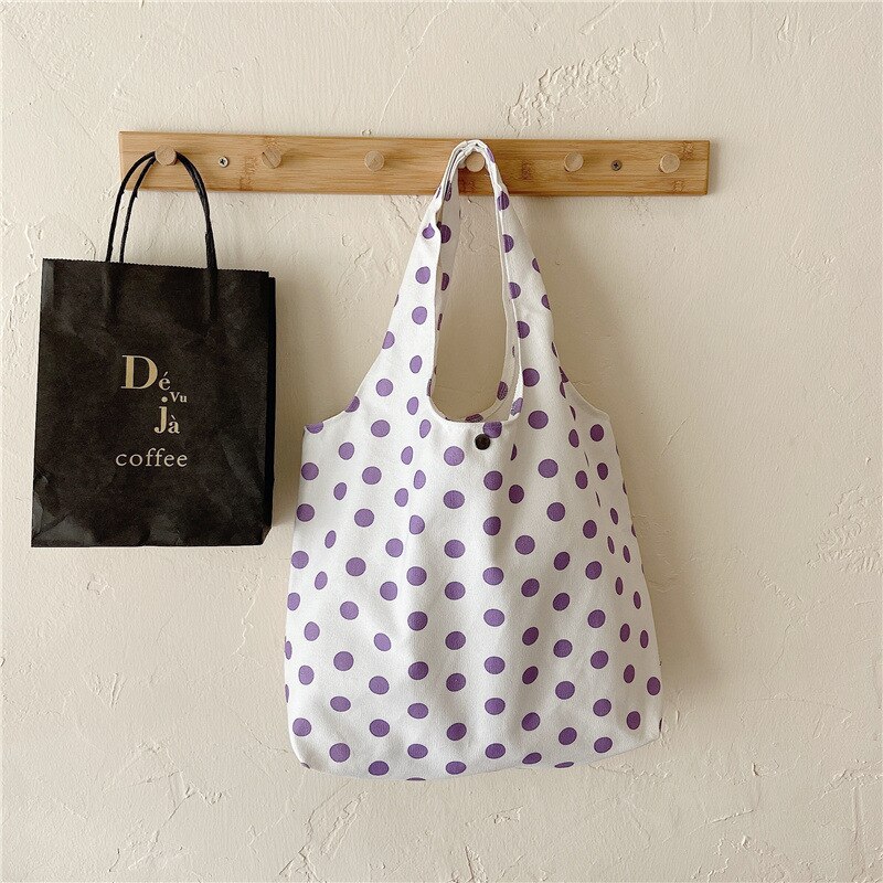 Retro Polka Dot mujeres bolsos de lona estudiante Simple hombro bolsa Vintage de mujer playa Casual bolso bolsas de compras: purple