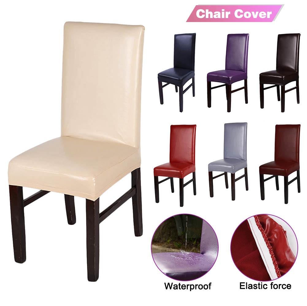 Stræk solid pu læder vandtæt spisebordsstol betræk slipcover aftagelig kort stolebetræk til hjemmefest bryllupsdekoration