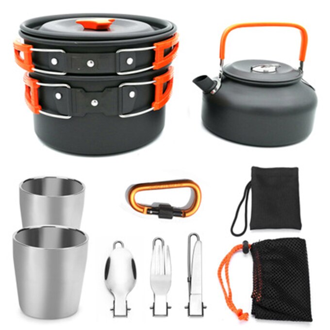 Couple camping cookware hiking equipment outdoor camping set pot 2-3 people portable wild pot pot set pot teapot four-piece: Orange