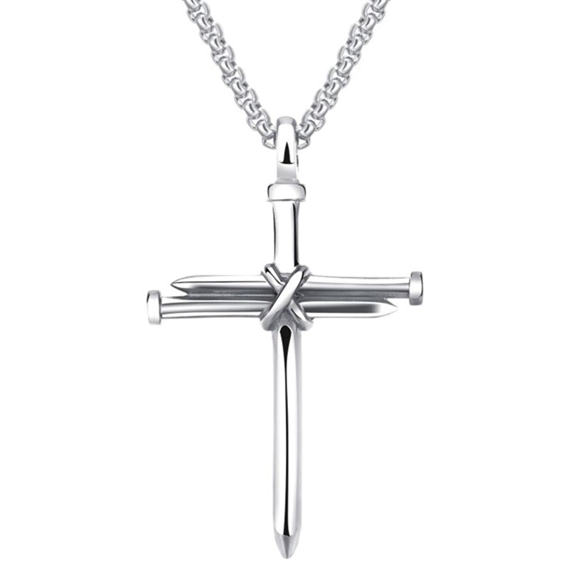 Männer Schmuck Edelstahl Nagel Seil Kreuz Anhänger Halskette: Silber-