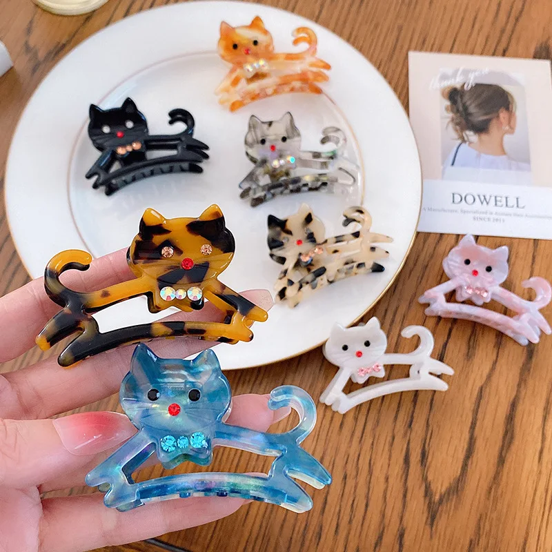 Pinza para el pelo de gato con diamantes de imitación para mujer y niña, pinzas para el pelo de acetato con dibujos de animales, gatito y cangrejo, accesorios para el cabello Kawaii