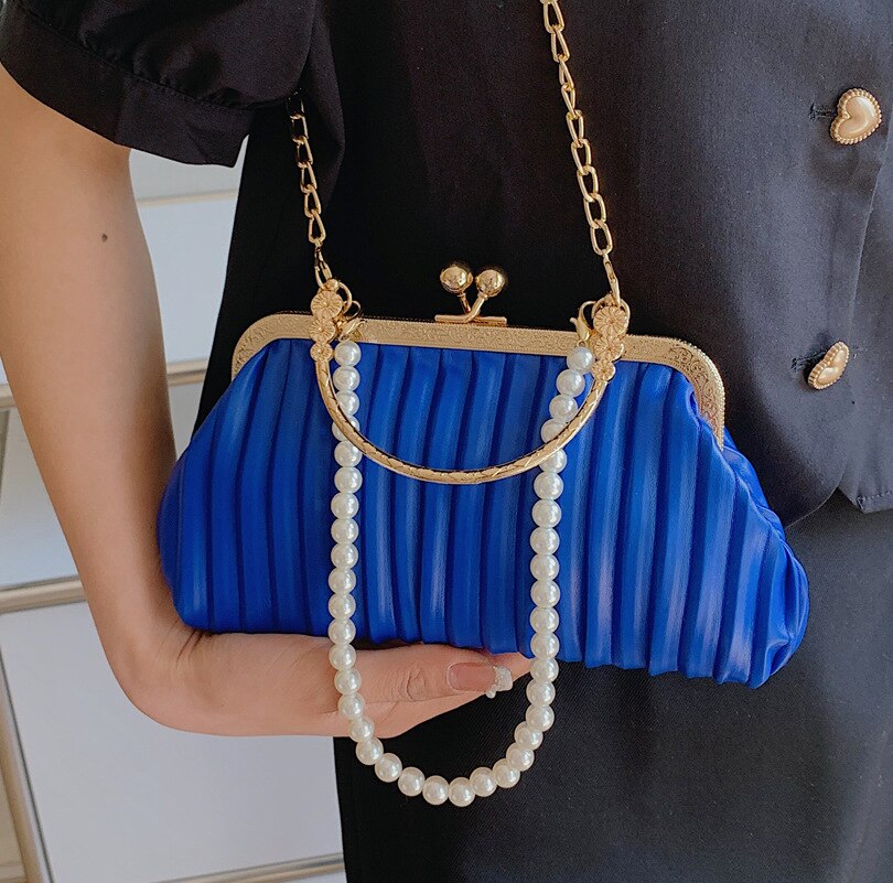 Fold Stripe Shell Bags For Woman Niche Clip Solid Pu Leather Shoulder Bag Pearls Chains Versatile Evening Handbag