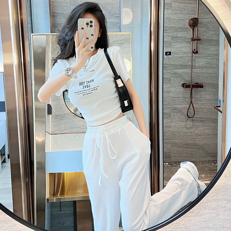 Summer casual sports style spicy girl sexy short sleeved top+fashionable wide leg pants two-piece set: XXL / Beige