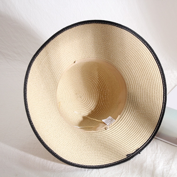 Bowknot sort hvid strå solhat dame sommer strand solskærms hatte oversize bred skygge hatte til kvinder