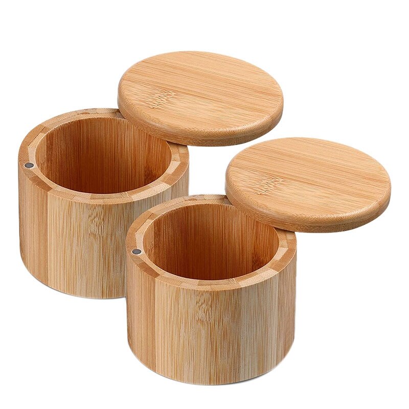 2 Pieces Bamboo Salt and Spice Storage Box with Magnetic Swivel Lid Round Bamboo Pepper Box Bamboo Salt Keeper: Default Title