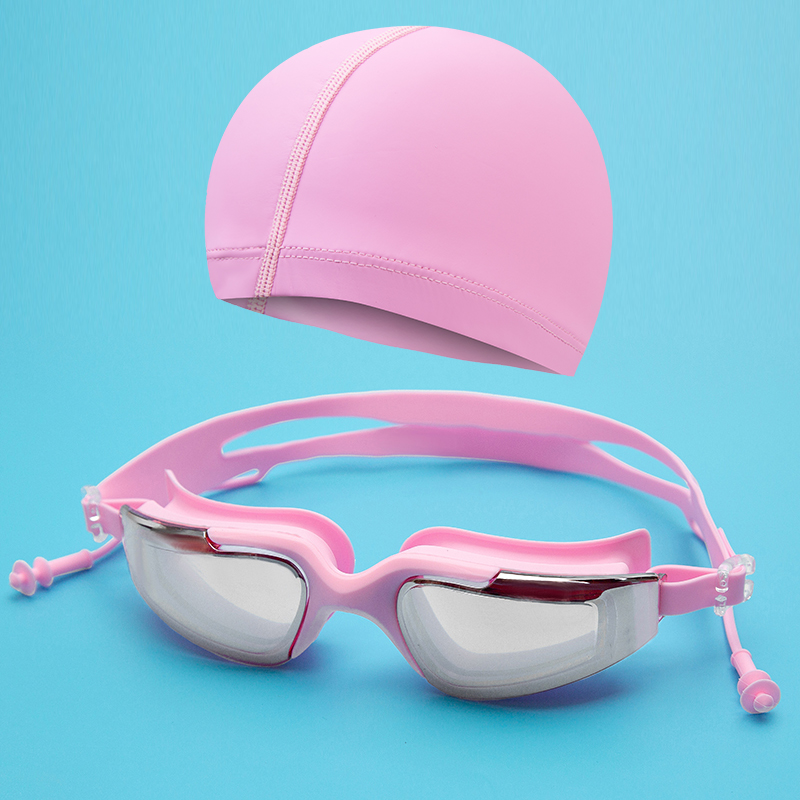 Galvaniseren Uv Anti-Fog Badpak Bril Zwemmen Duiken Verstelbare Zwembril Dames Mannen Zwemmen Goggle Ear Plug: Pink-Set
