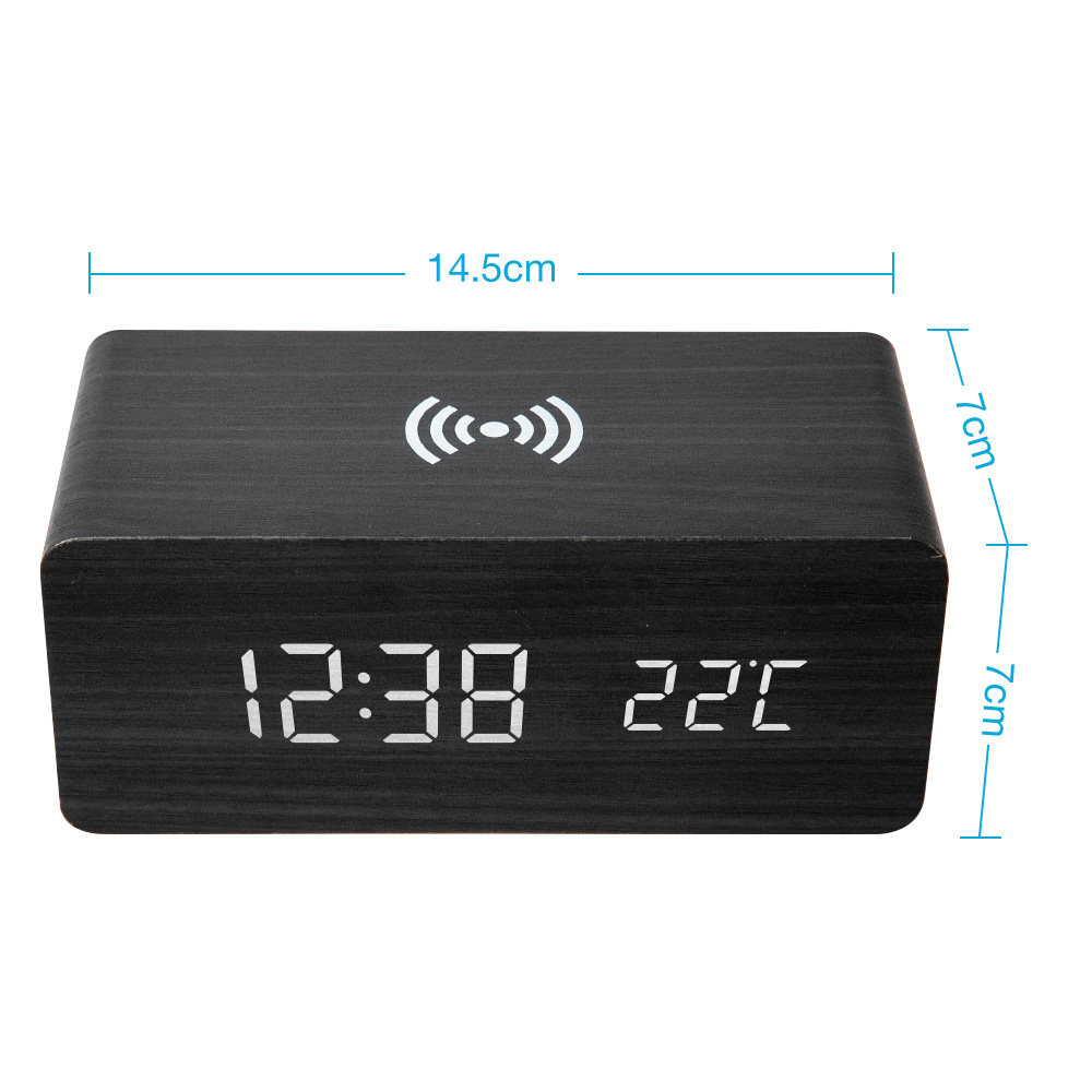 Wooden Alarm Clock With Qi Wireless Charging Pad Compatible With For Iphone Samsung Wood Led Digital Clock Sound Control Funct