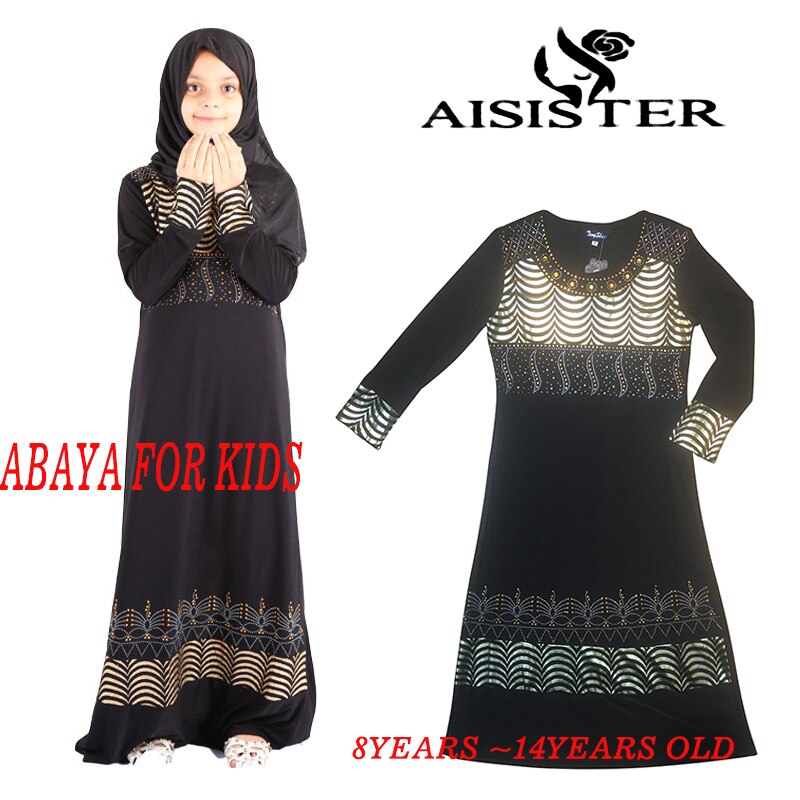 Muslim Children Abaya Dubai Kaftan Dress Saidi Turkey Kids Robe Diamond Dashiki Maxi Islamic Clothing For Femme Baby Girls: 8years old