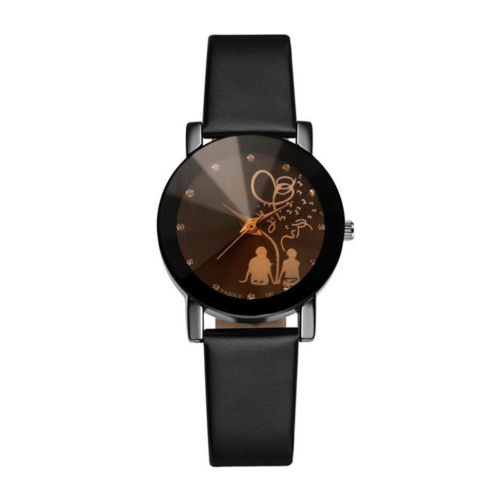 Couple Watch Female Quartz Watch Male Lover Wristwatch Back Rhinestone Faux Leather Analog Quartz Wrist Watch часы парные: Black Men