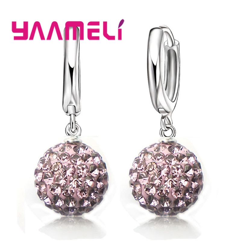 Pendientes de plata esterlina 925 para mujer y niña, aretes de cristal austriaco con bola de discoteca, aro con palanca trasera, joyería Huggie,