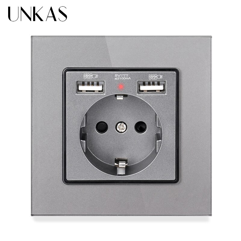 UNKAS Russia Spain EU Standard 16A Wall Socket Dual USB Charge Port Tempered Crystal Glass Panel Black White Grey Outlet: 86 EU 2USB Gray